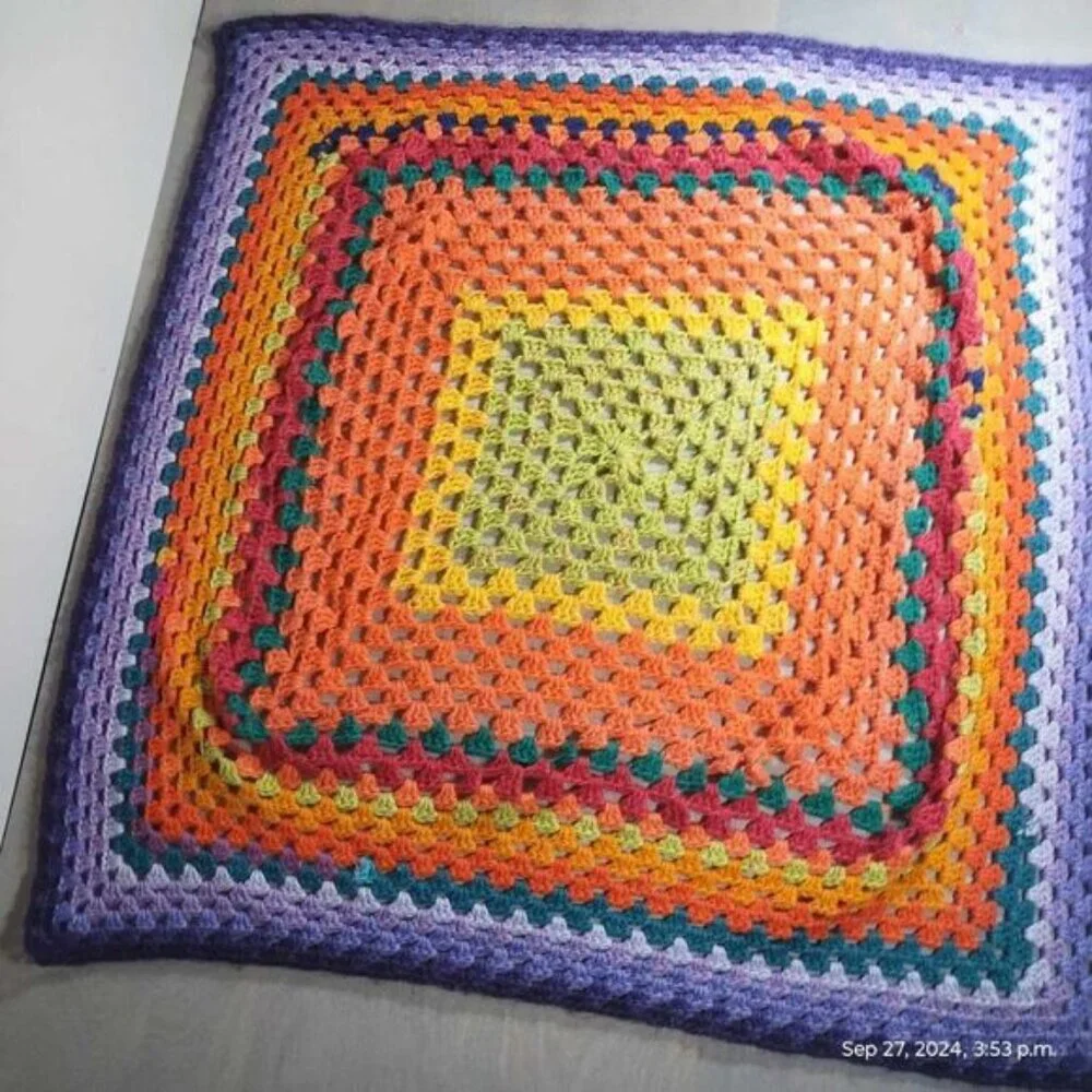 Handmade Crochet rainbow blanket art‎ square vibrant colors Tapestry